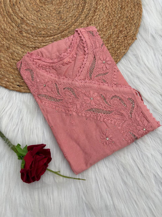 Naaz Chanderi Angrakha style Chikankari Kurti with Mukaish work - Dusty Peach Colour
