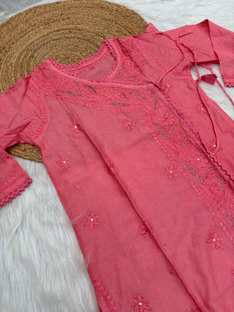 Naaz Chanderi Angrakha style Chikankari Kurti with Mukaish work -Gazri Colour