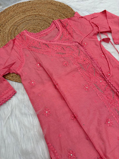 Naaz Chanderi Angrakha style Chikankari Kurti with Mukaish work -Gazri Colour