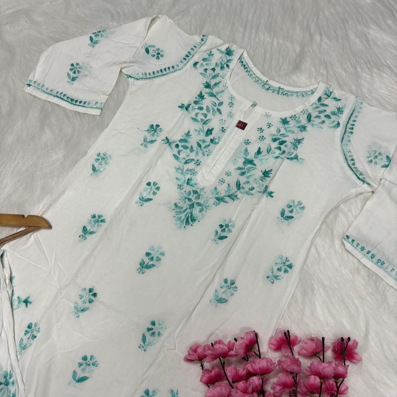 Aleena Rayon Chikankari Kurti Plazo Set - White Sea Green color