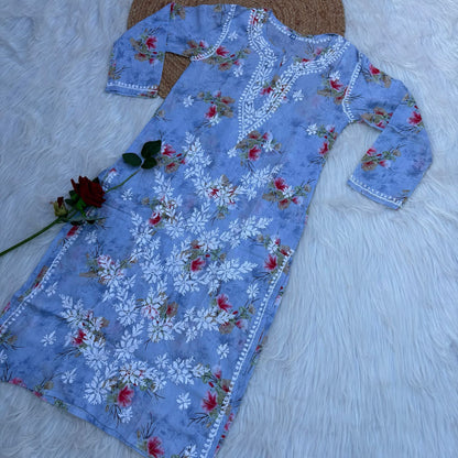 Rasha Pure Mulmul Chikankari Kurti - Blue Color