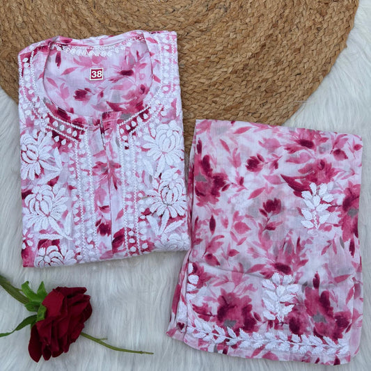 Aaliyah Mulmul Cotton Chikankari Kurti Set - Pink Colour