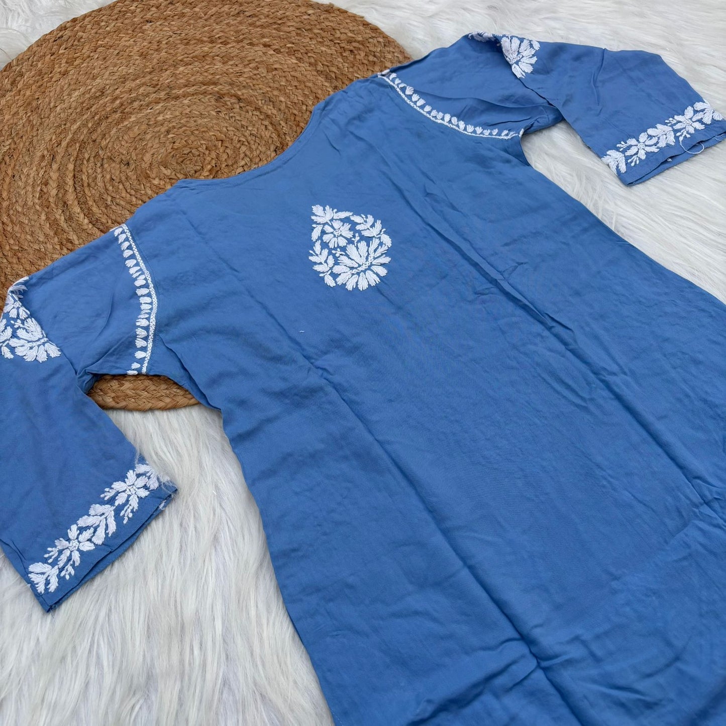 Maysa Soft Rayon Chikankari Kurti - Blue Colour