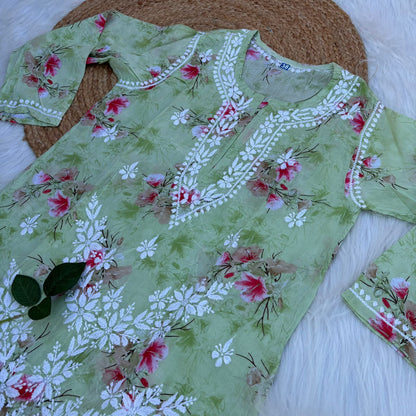 Rasha Pure Mulmul Chikankari Kurti - Pista Colour