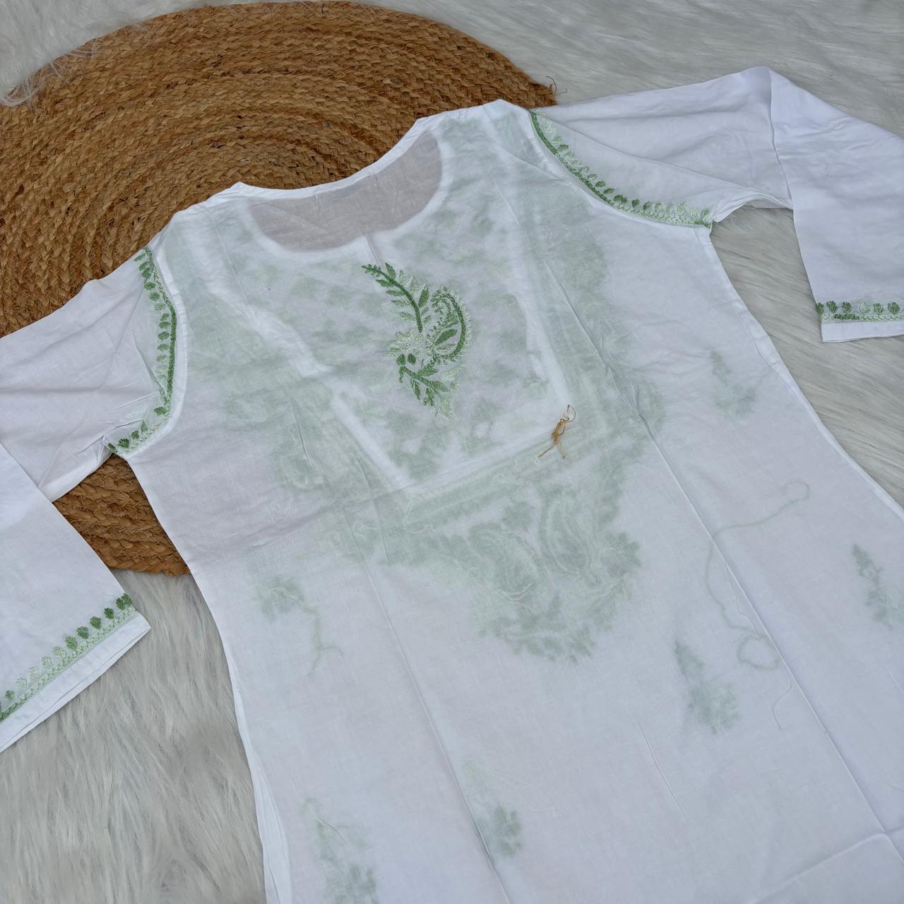 Zoya Cotton Lucknowi Chikankari Kurti - Parrot Green Color