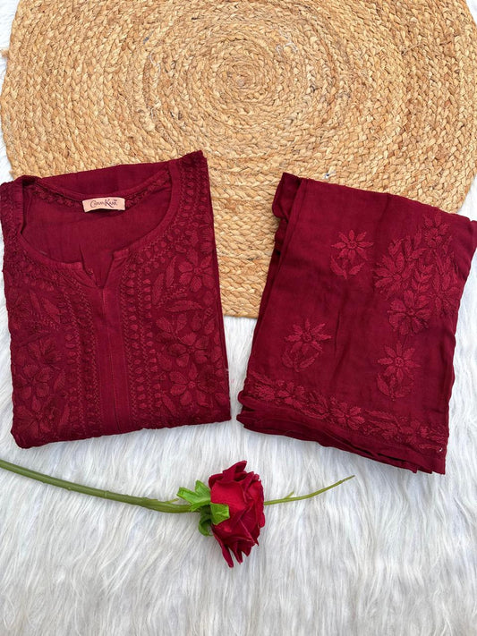Azra Soft Rayon Dyeable Handwork Chikankari kurti Set - Brick Red Colour