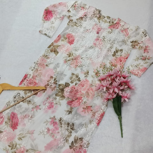Chikankari Georgette Floral Printed Kurti - Pink Colour