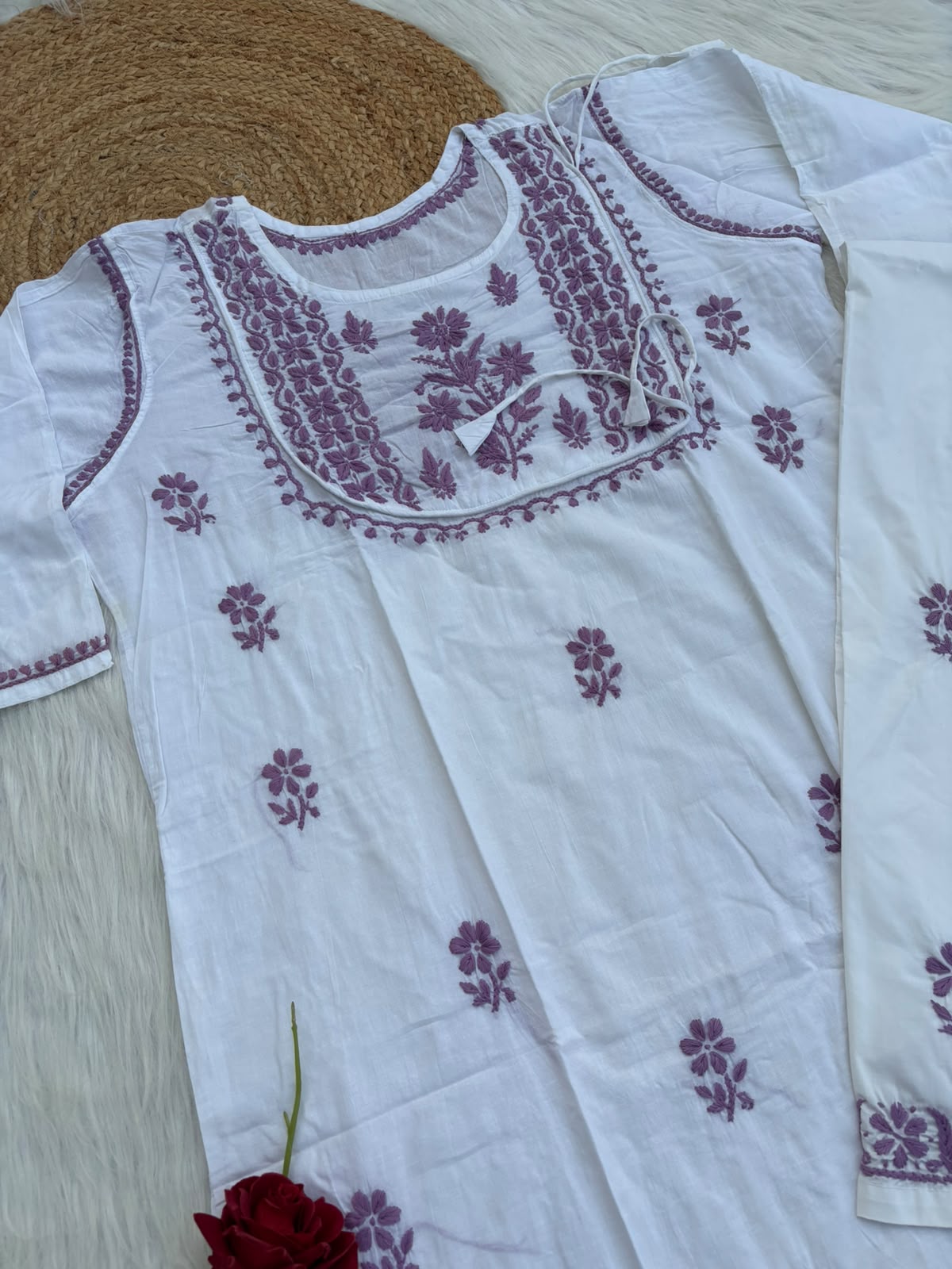 Heer Plus Size Cotton Handwork Chikankari Kurti Set - White Purple