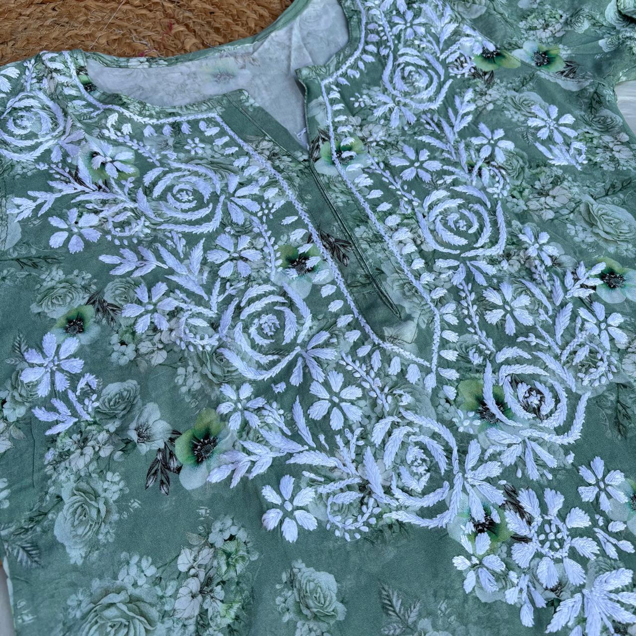 Hina Rayon Rose work Lucknowi Chikankari kurti - Green Colour