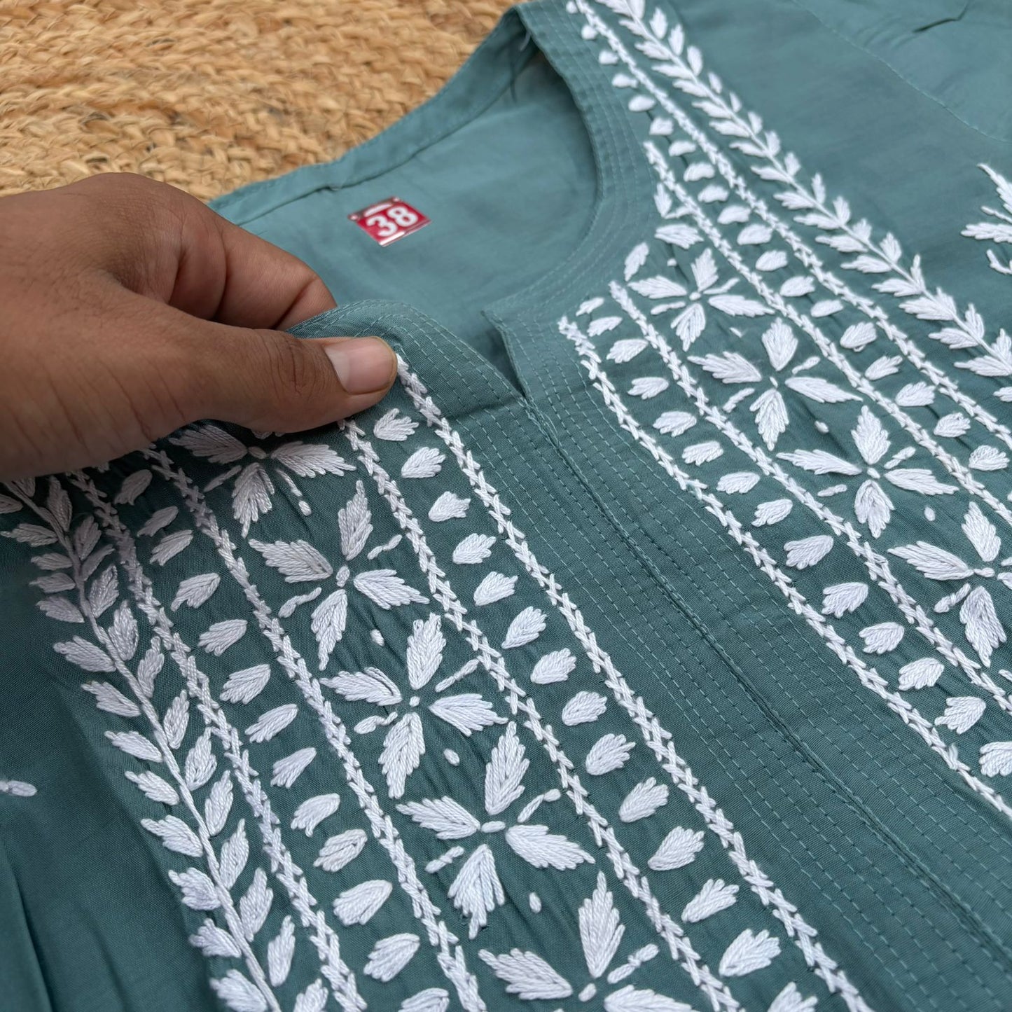 Afana Silk Chikankari Kurti Plazo set T Green Colour