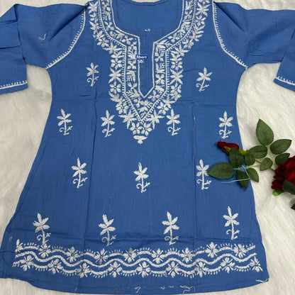 Ziya Pure Cotton Chikankari Short Top- Sky Blue  Colour