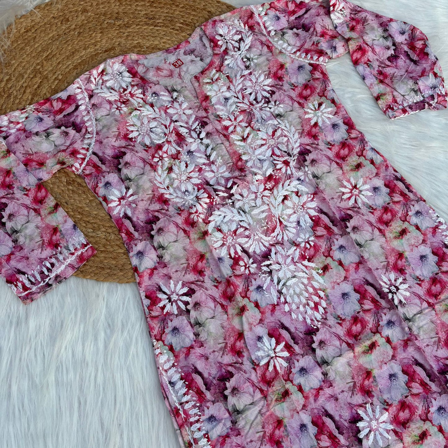 Fiza Pure Cotton Floral Lucknowi Chikankari Kurti - Pink Colour