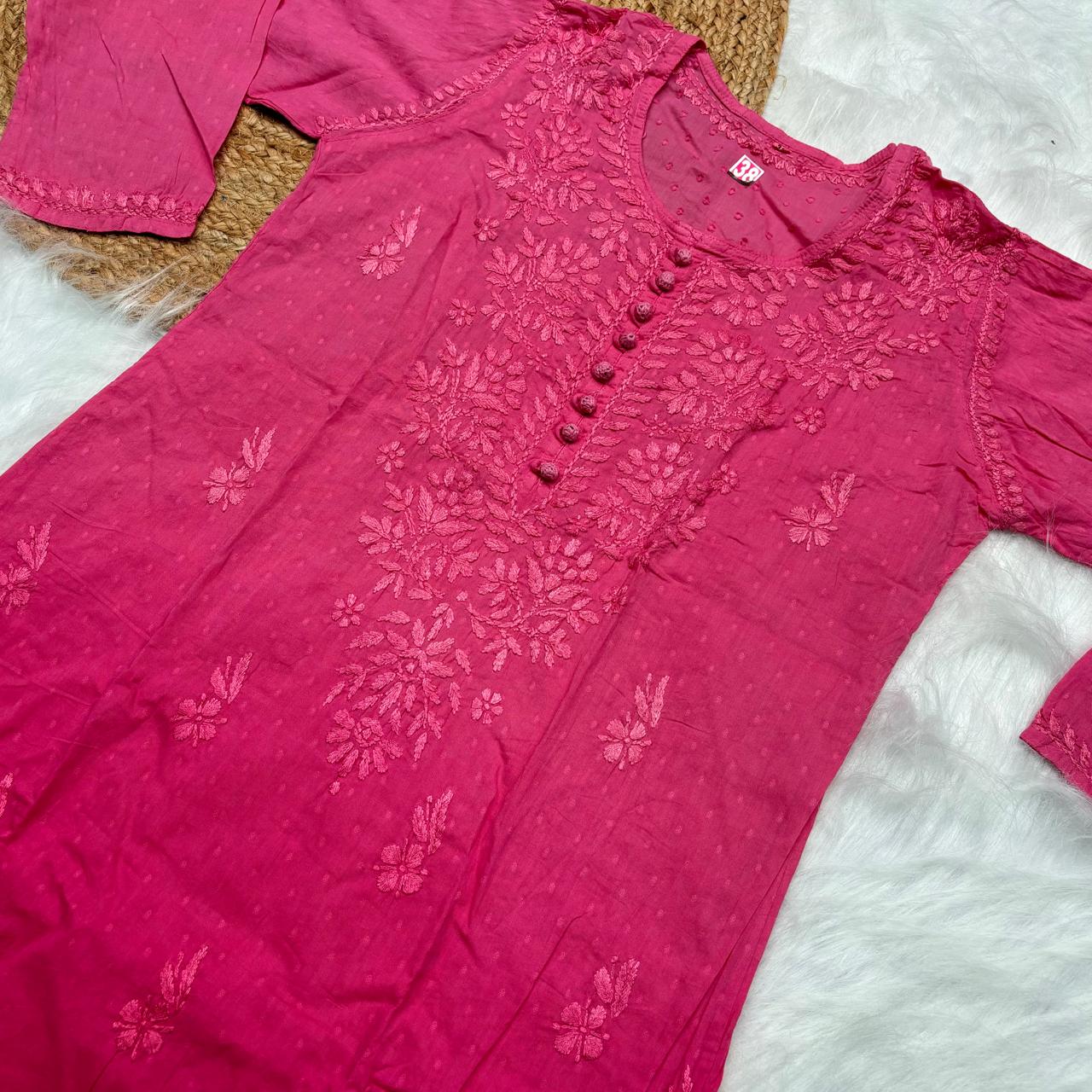 Adaah Ombre Shaded Dobby Cotton Chikankari Kurti - Gazri colour