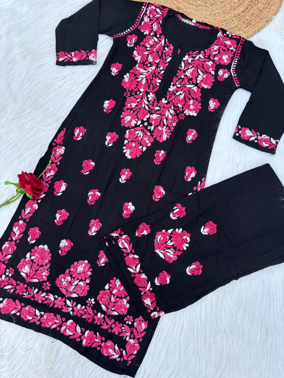 Rida Rayon Handwork Chikankari Kurti Set - Pink Colour