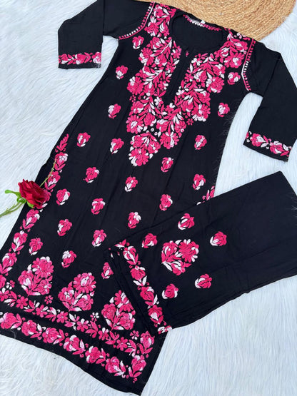 Rida Rayon Handwork Chikankari Kurti Set - Pink Colour