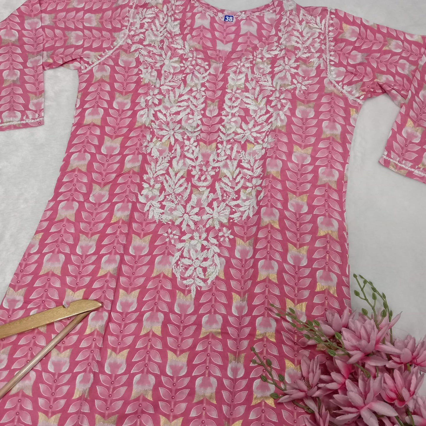 Pure Mulmul Chikankari  Handwork Kurti - Pink Colour