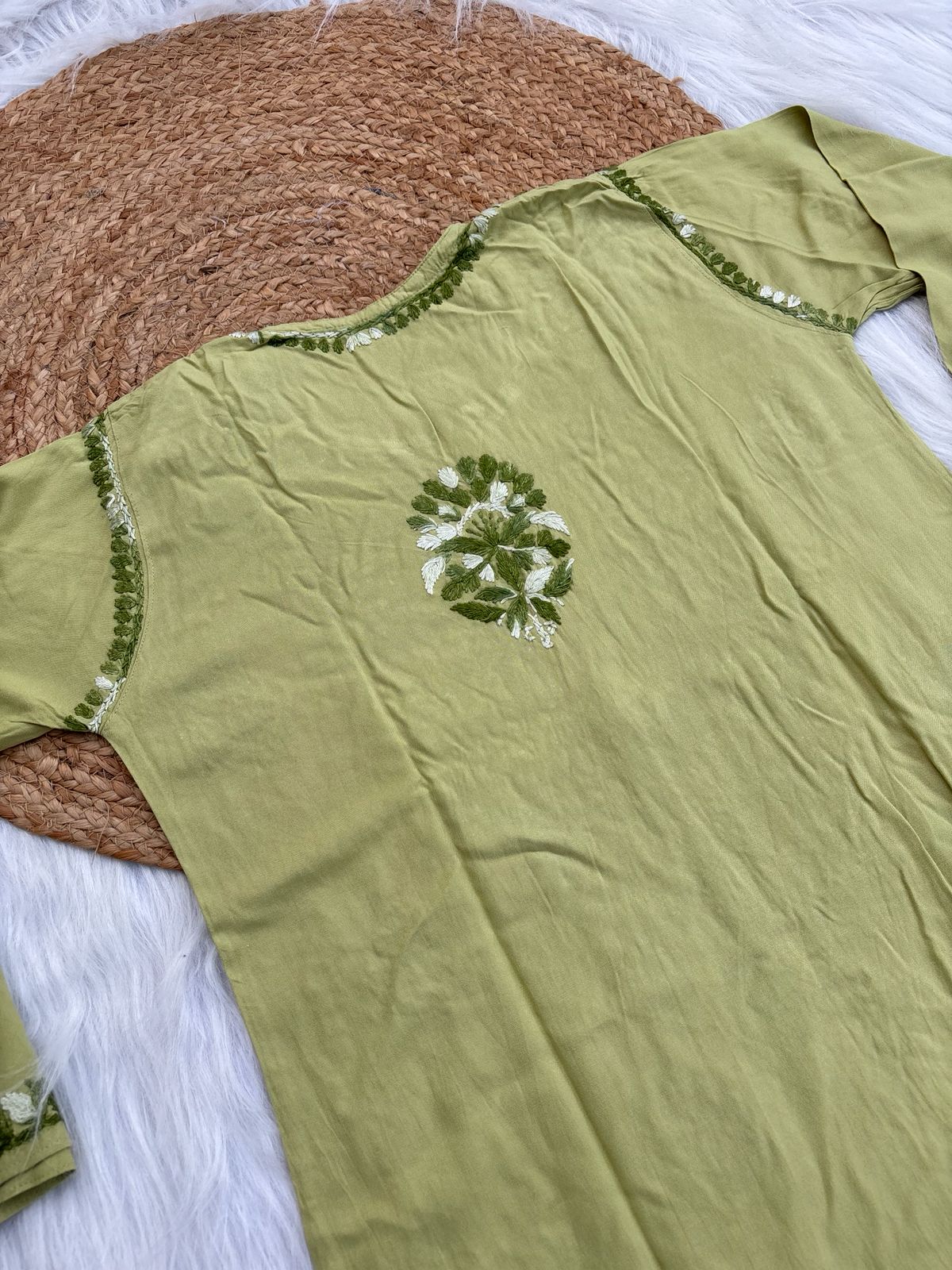 Roohi Rayon Tone To Tone Lucknowi Handwork Chikankari Kurti - Green Color