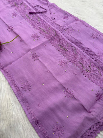 Naaz Chanderi Angrakha style Chikankari Kurti with Mukaish work - Purple Color
