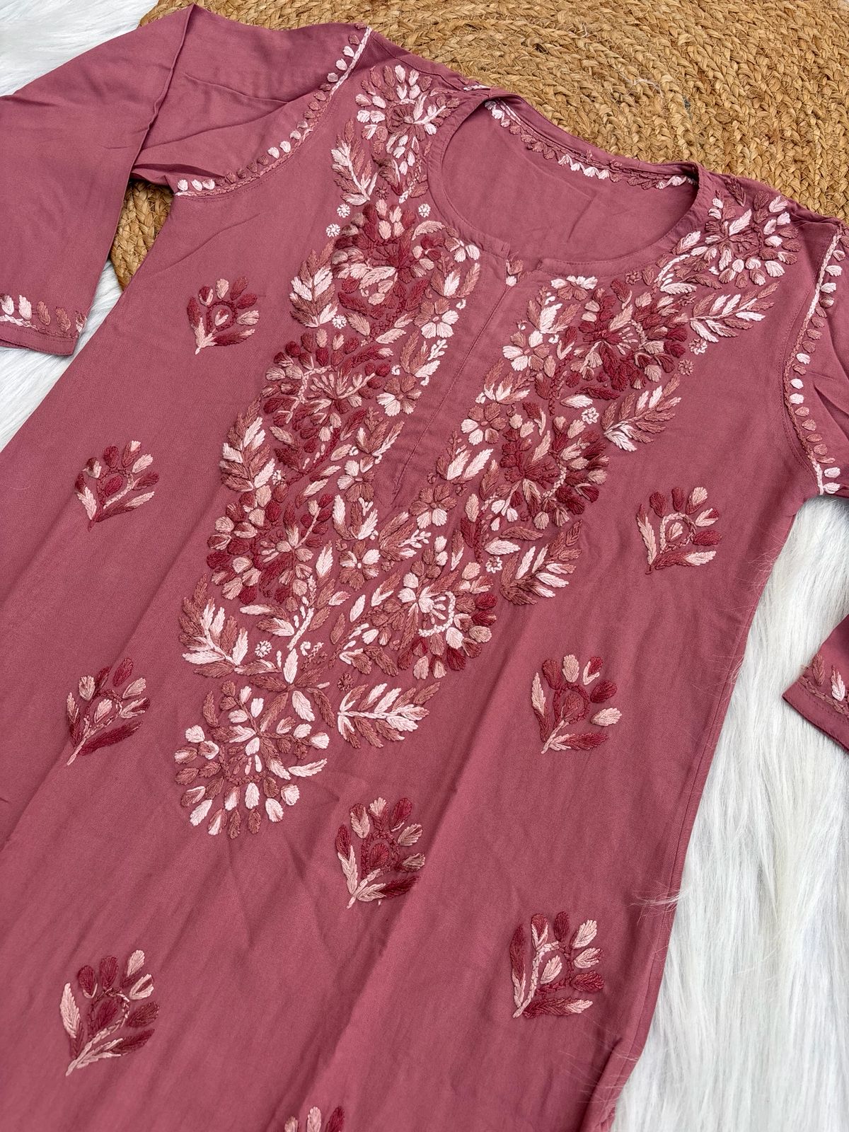 Roohi Rayon Tone To Tone Lucknowi Handwork Chikankari Kurti - Mauve Pink Color