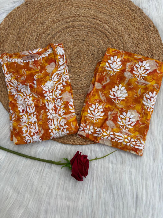 Elena Mulmul Cotton Handwork Chikankari Kurti Set - Warm Rust Colour