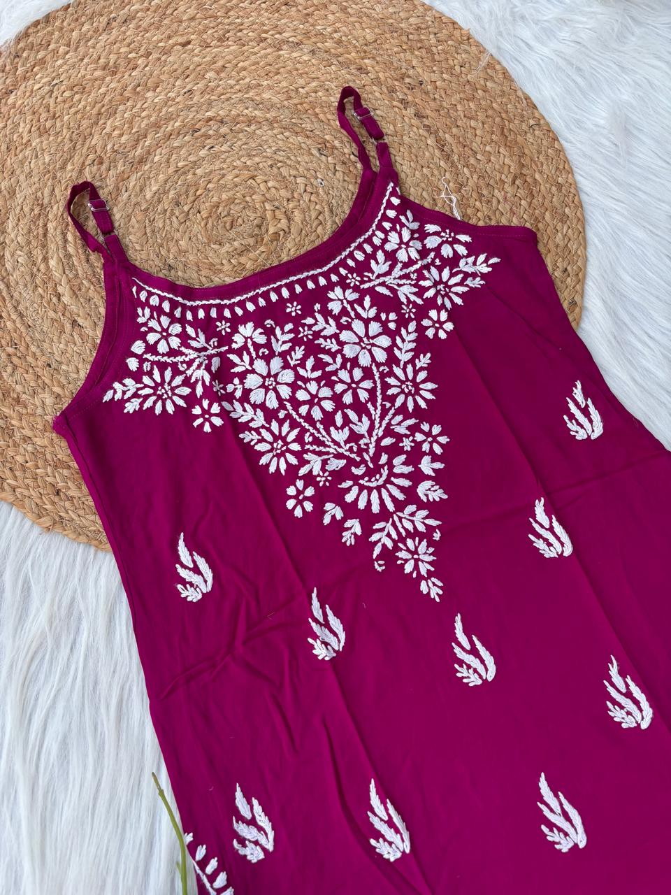 Ayla Rayon Handwork Chikankari Noodle Strap Short Kurti - Wine Colour