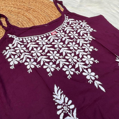 Safa Rayon Chikankari Noodle Strap Short Kurti -  Wine colour (Length - 38")