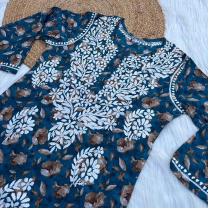 Sana Pure Mulmul Chikankari Handwork Kurti -Sea Green Colour