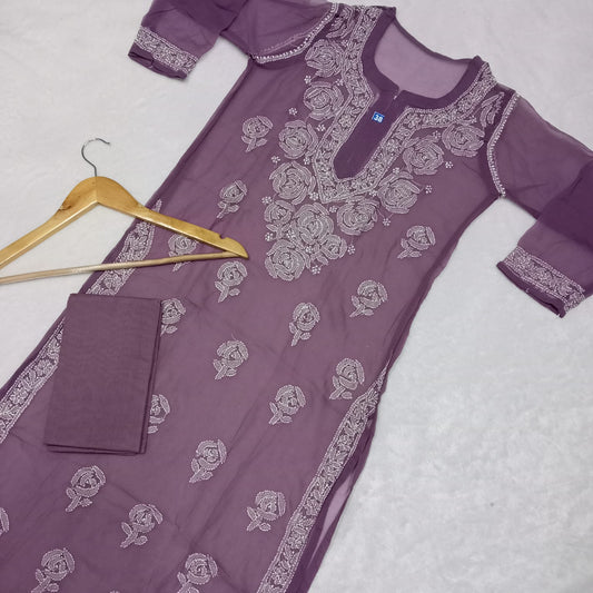 GEORGETTE CHIKANKARI ROSE WORK KURTI WITH PURE COTTON INNER -MAUVE COLOUR