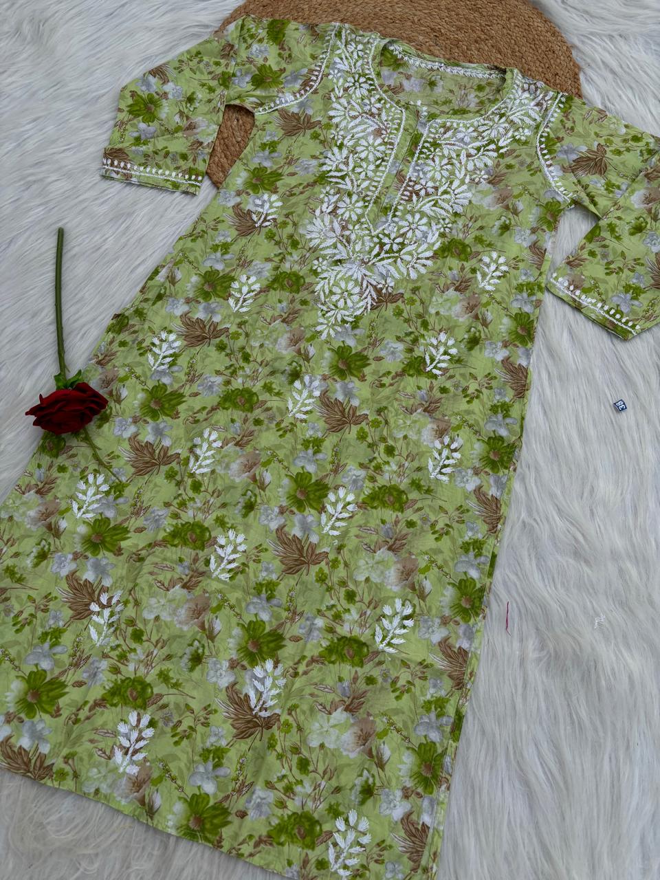 Alina Pure Mulmul Chikankari Handwork Kurti - Green Colour