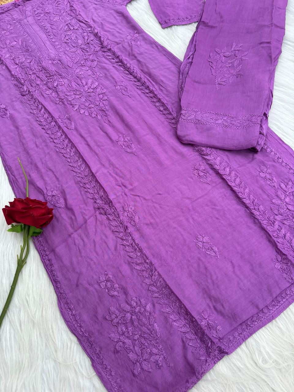 Nadia Muslin Lucknowi Chikankari Kurti Pant Set - Purple Color
