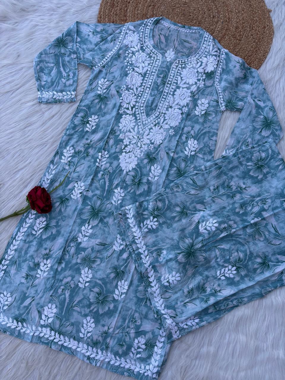 Shazia Mulmul Cotton Chikankari Kurti Set -Dark Grey Colour