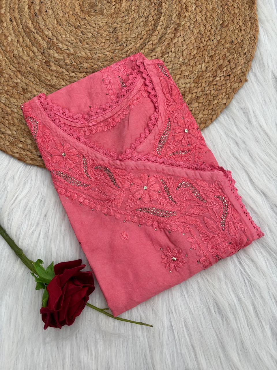 Naaz Chanderi Angrakha style Chikankari Kurti with Mukaish work -Gazri Colour