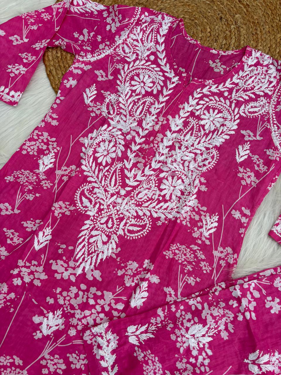 Jiya Mulmul Cotton Handwork Chikankari Kurti Set - Pink Colour