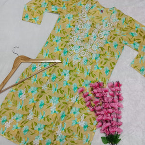 Mulmul Cotton Chikankari Machine Work Kurti -Cream Colour - Chikankaar