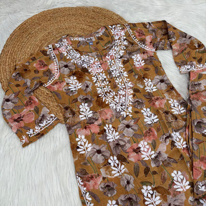 Jameela Mulmul Cotton Chikankari Kurti Set - Yellow Colour