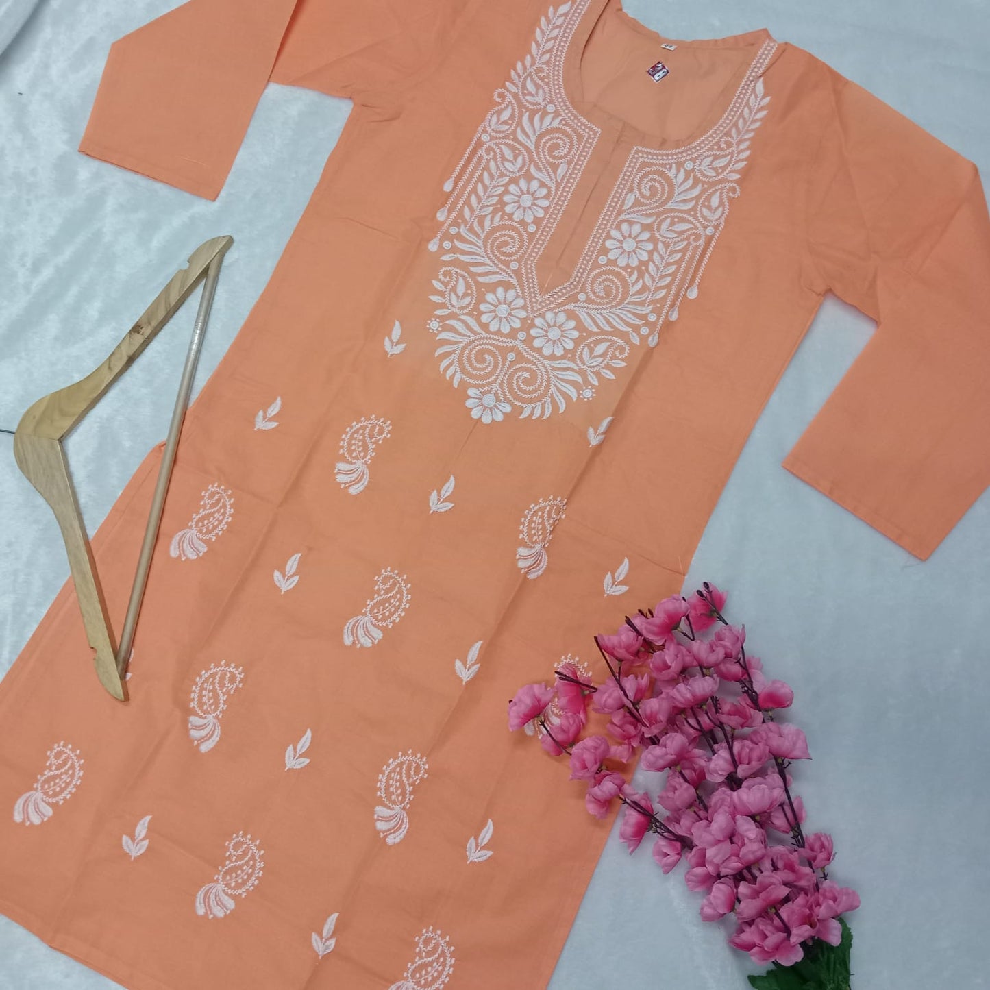 Cotton Machine Work Chikankari Kurti - Peach Colour