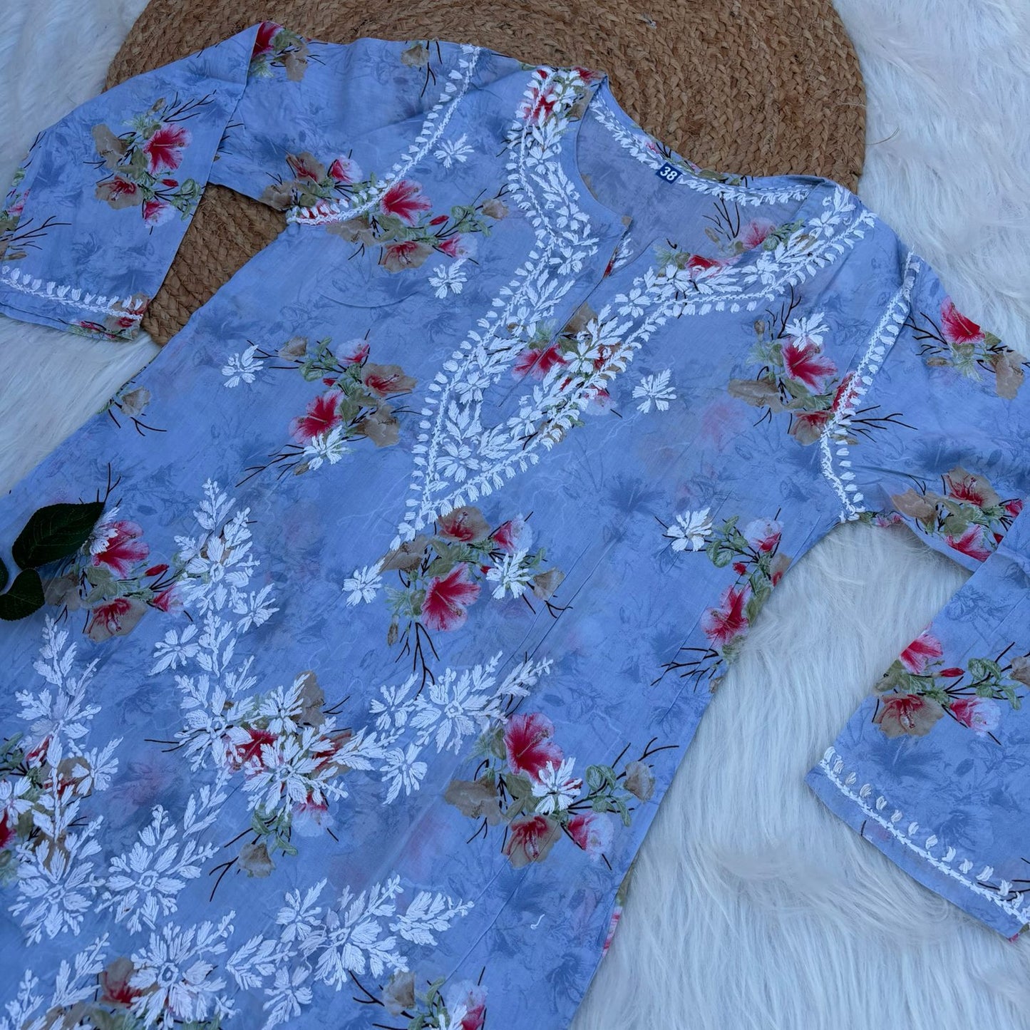 Rasha Pure Mulmul Chikankari Kurti - Blue Color