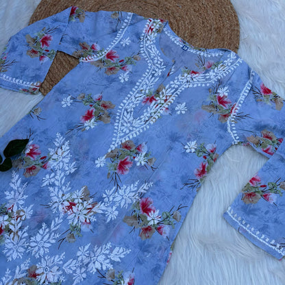 Rasha Pure Mulmul Chikankari Kurti - Blue Color