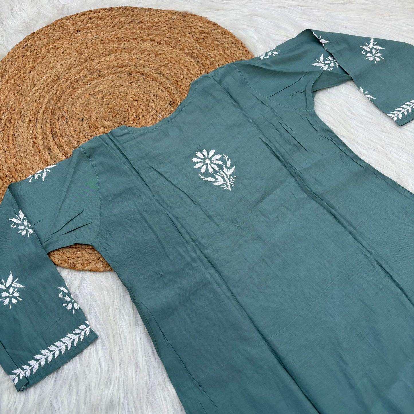 Afana Silk Chikankari Kurti Plazo set T Green Colour