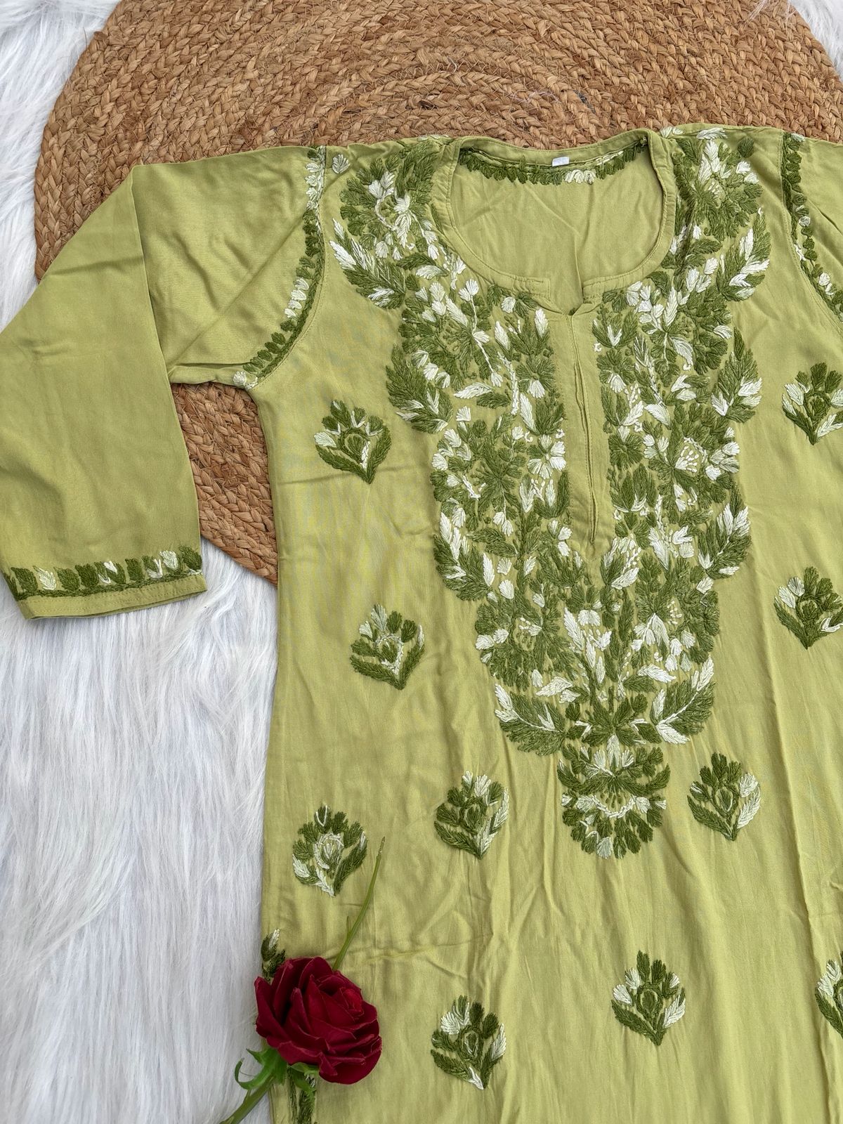 Roohi Rayon Tone To Tone Lucknowi Handwork Chikankari Kurti - Green Color