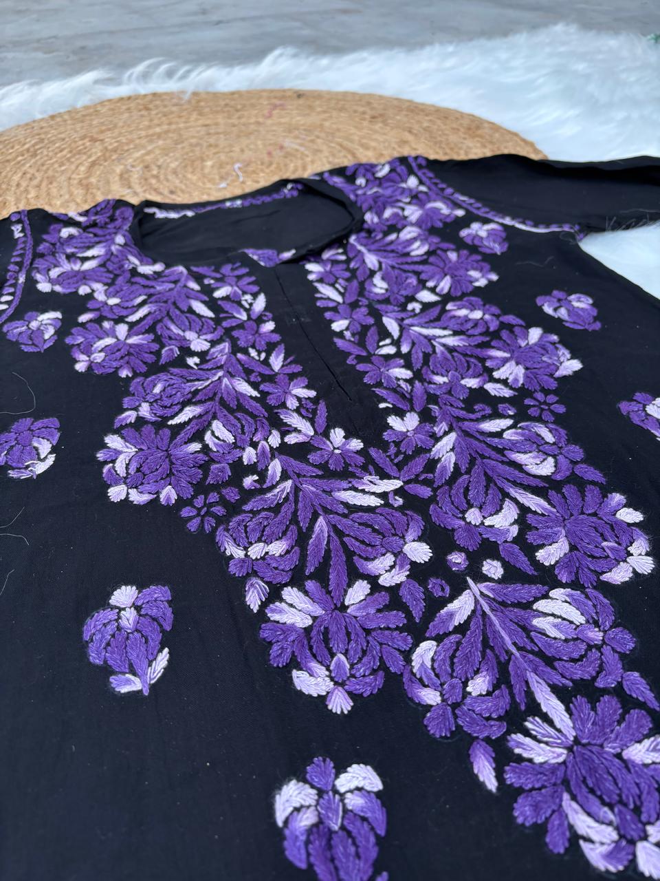 Rida Rayon Handwork Chikankari Kurti Set - Purple Colour