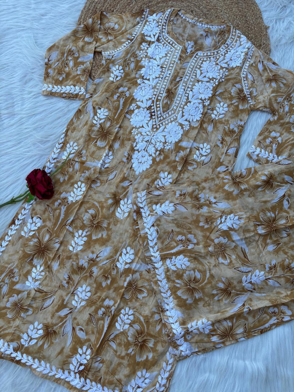 Shazia Mulmul Cotton Chikankari Kurti Set - Mustard Colour