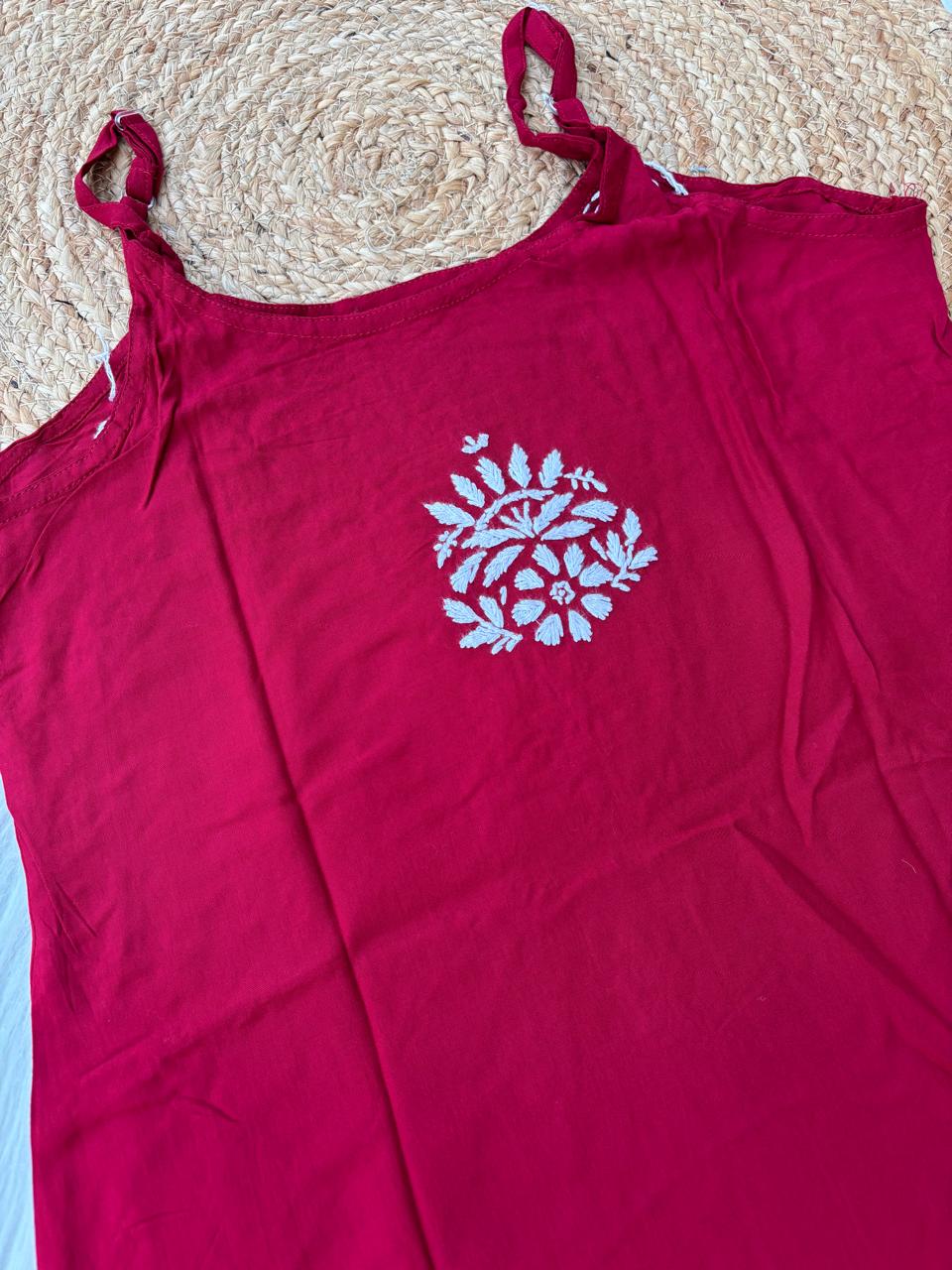 Ayla Rayon Handwork Chikankari Noodle Strap Short Kurti - Maroon Colour