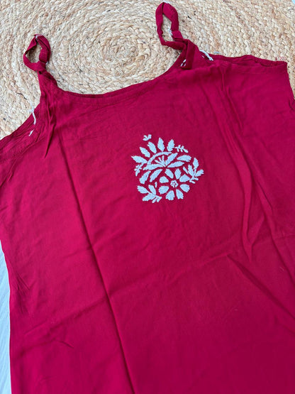 Ayla Rayon Handwork Chikankari Noodle Strap Short Kurti - Maroon Colour