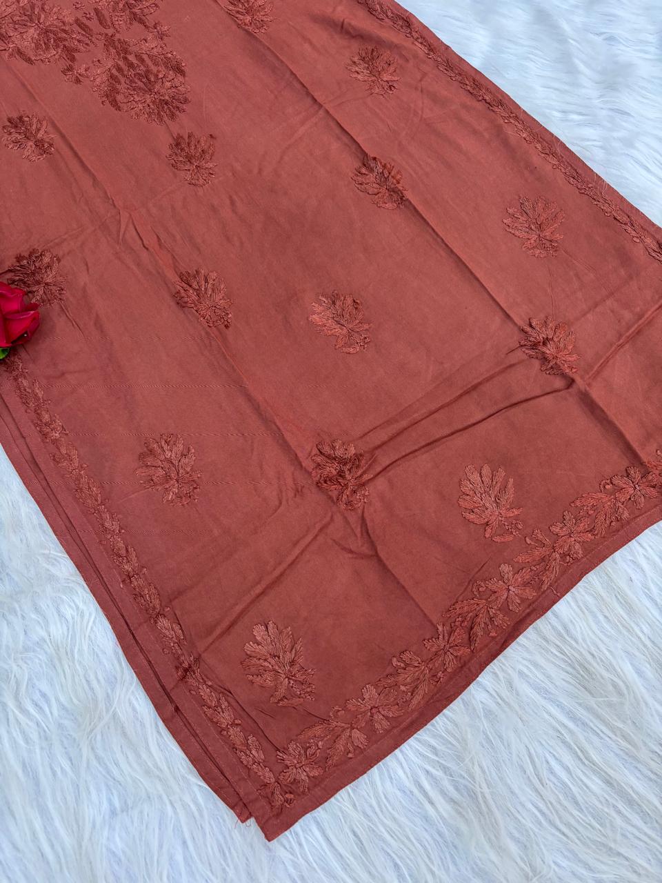 Rabab Dyeable Soft Rayon Handwork Chikankari Kurti - Brown Colour