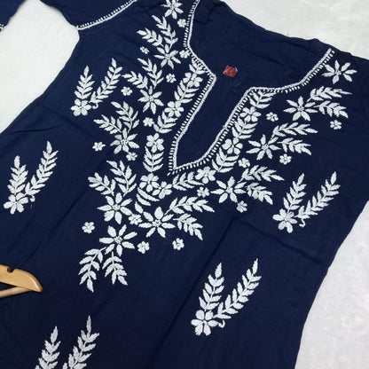 Pure Rayon Chikankari Ghas Patti Work Kurti -Navy Blue