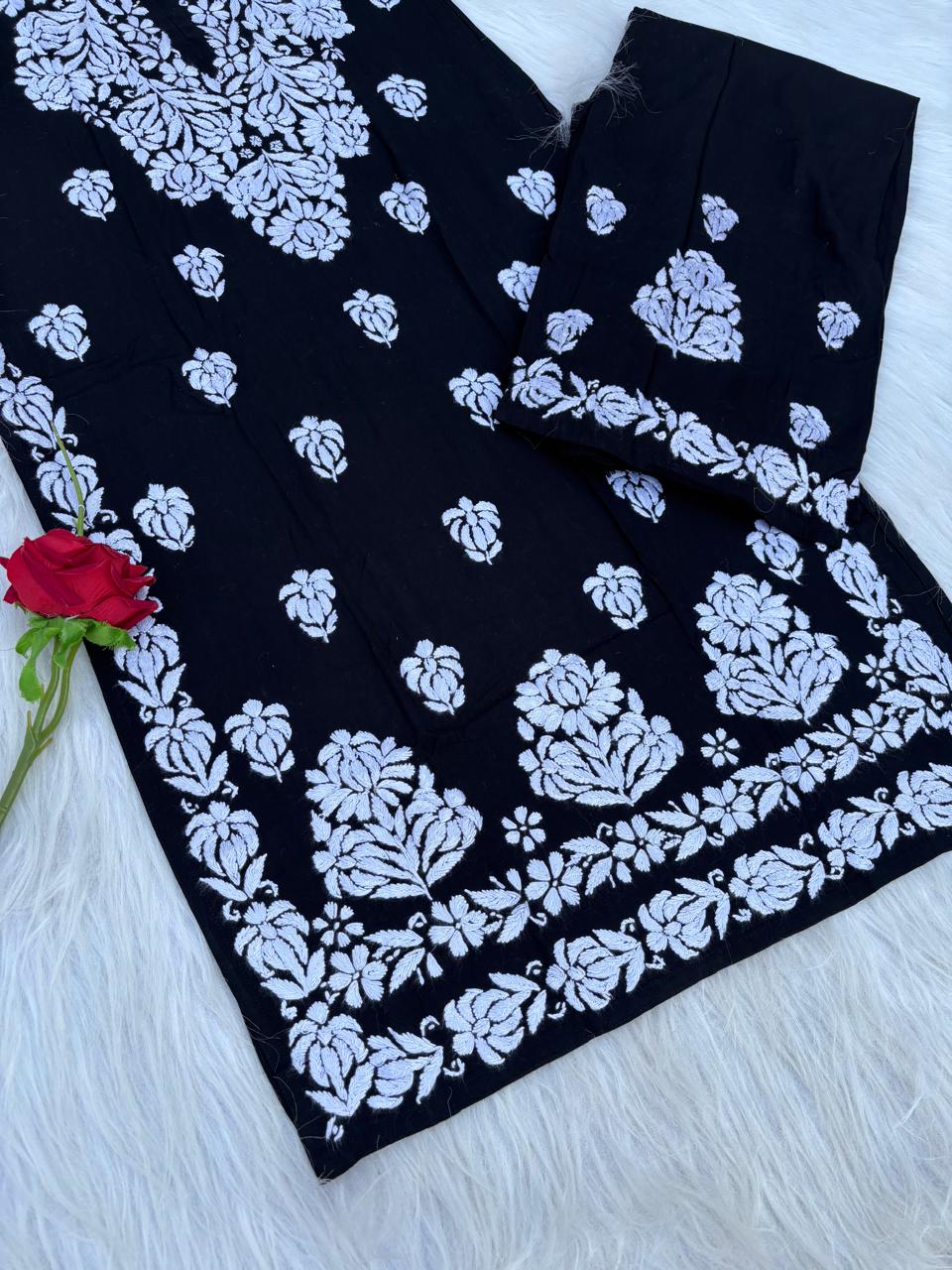 Rida Rayon Handwork Chikankari Kurti Set -Black White Colour