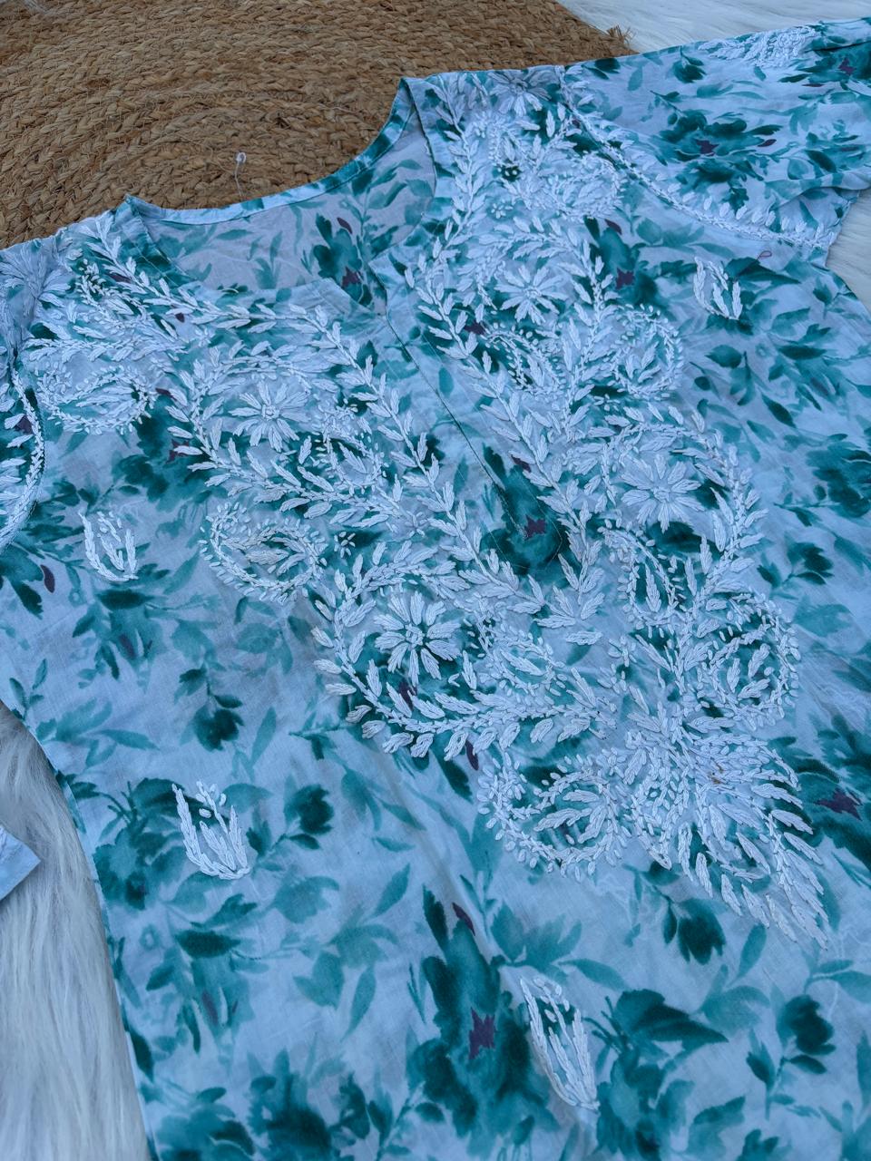 Hadaya Mulmul Cotton Chikankari Kurti Set - Sea Green Colour