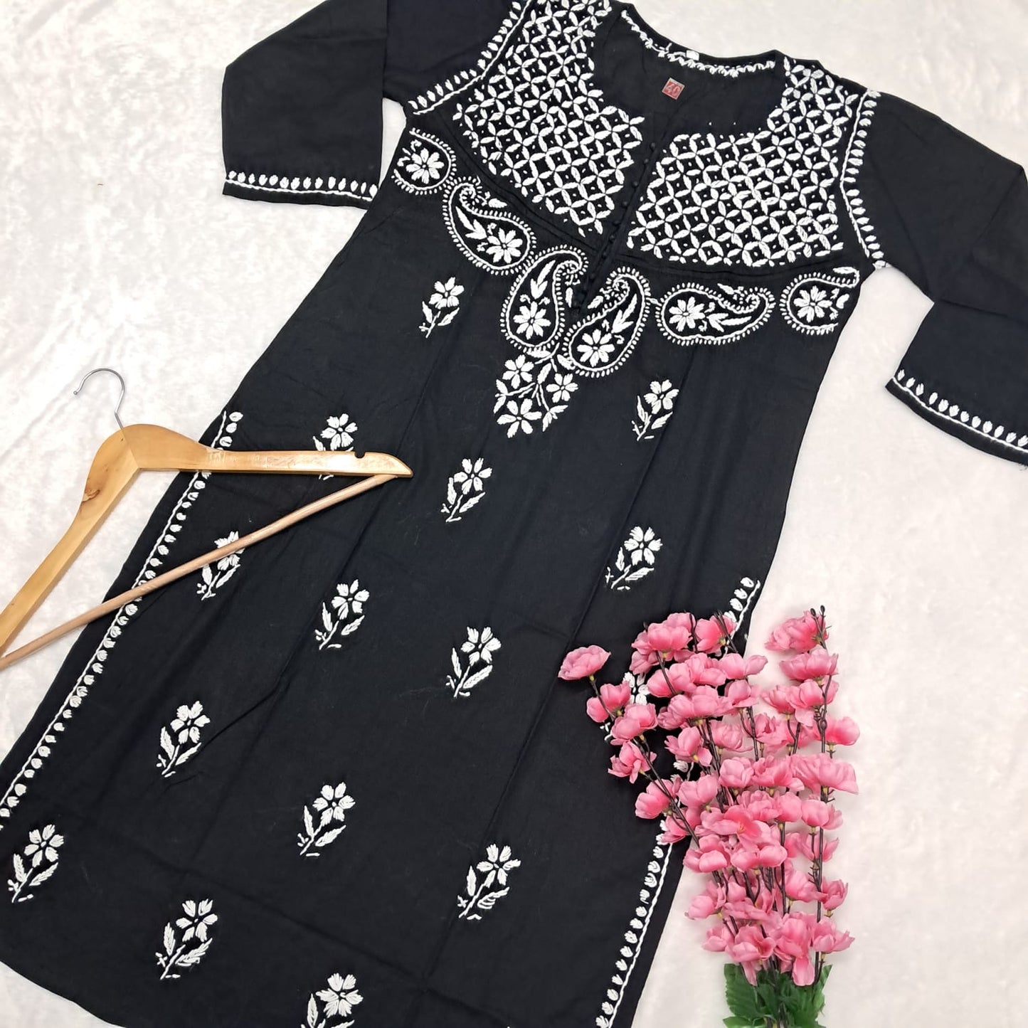 Adiva Pure Cotton Chikankari Handwork Kurti - Black Colour