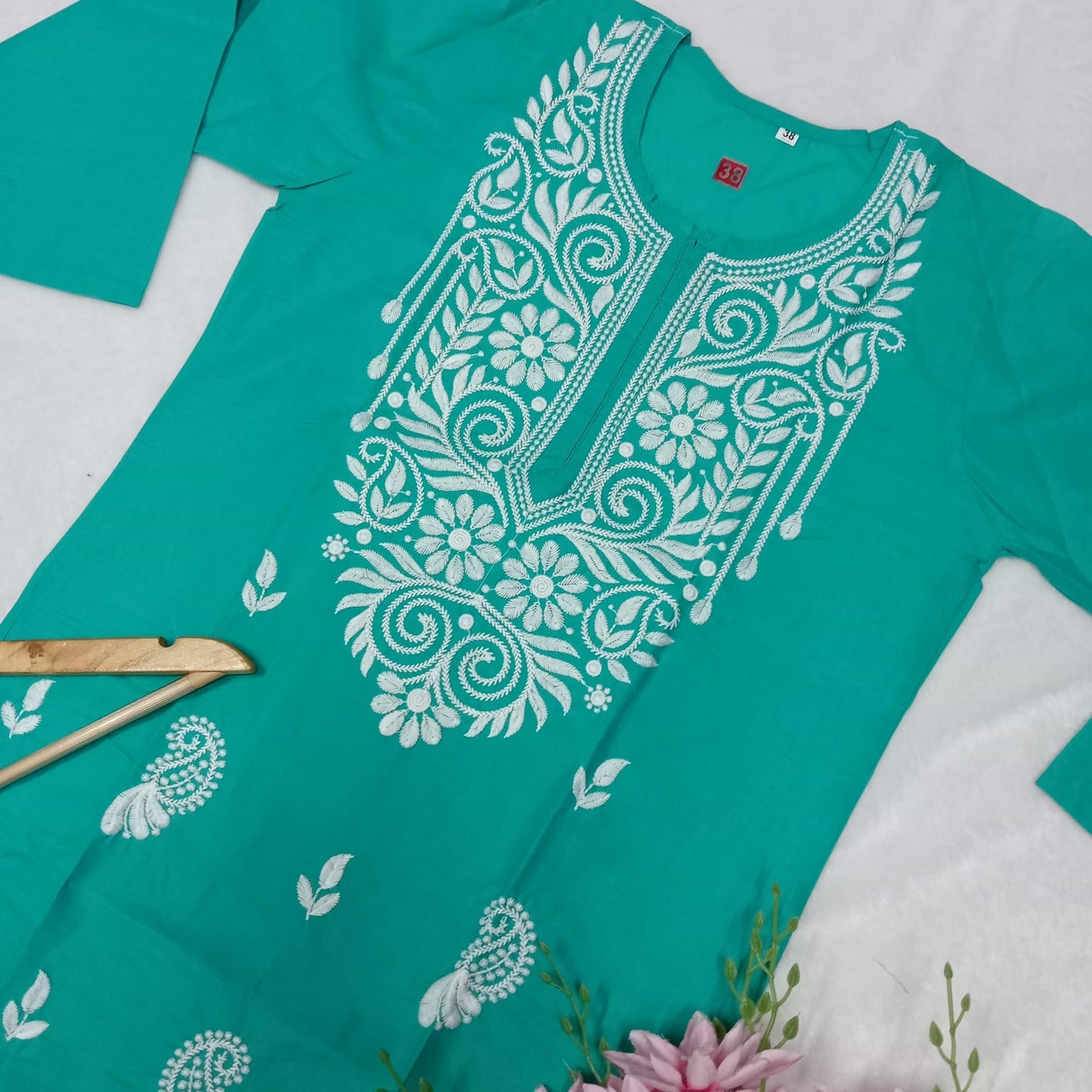 Cotton Machine Work Chikankari Kurti -  Sea Green Colour